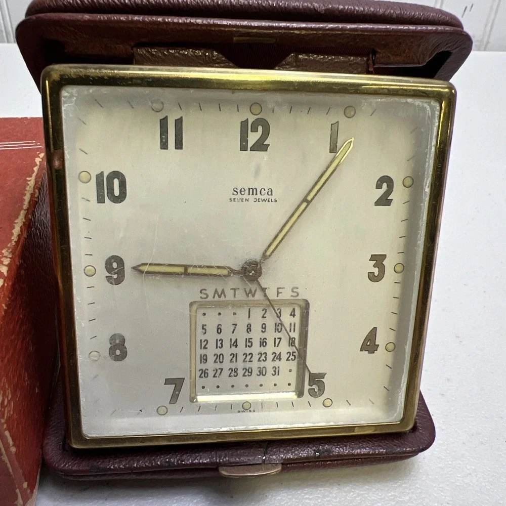 Vintage Semca Travel Alarm Clock w/Leather Case - Calendar - For Parts